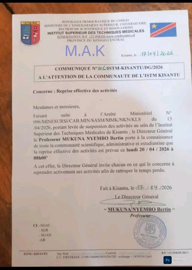 ISTM-KISANTU : Fin de suspension et reprise effective des activités ce lundi 20 avril