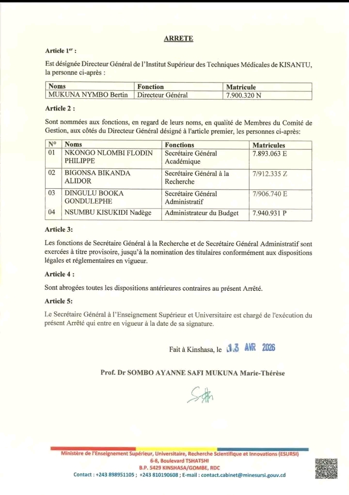 Kongo Central : Un nouveau souffle à l’ISTM Kisantu avec la nomination d’un Comité de Gestion redynamisé