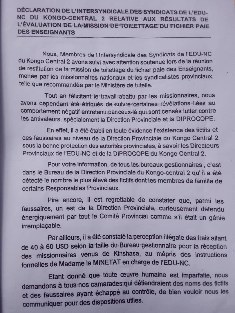Illustration 2 - Kongo Central : un scandale présumé de fraude à la paie des enseignants dénoncé par des syndicats et une association locale